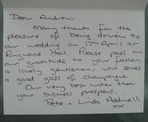 linda parker's wedding car thank you letter